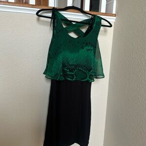 2/ $25 Black jersey dress with green chiffon layered top and cross back details
